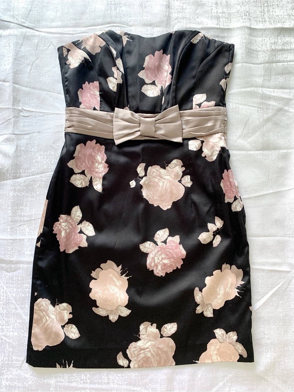 H&M Strapless Black Sheath Dress with Pink Floral Print and Taupe Bow